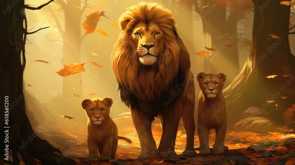 Sticker Lion family in the forest. Generative AI