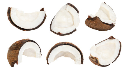 Set of whole coconuts and pieces of coconut on a white background.