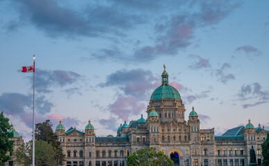 View of the city of Victoria, British Columbia Canada. On a perfectly clear day, Mount Rainier can be seen in the background.