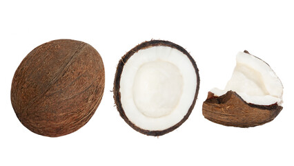 Set of whole coconuts and pieces of coconut on a white background.