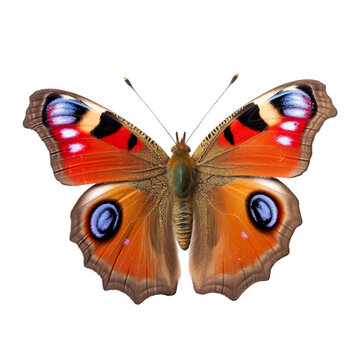Front view of Peacock butterfly isolated on white transparent background