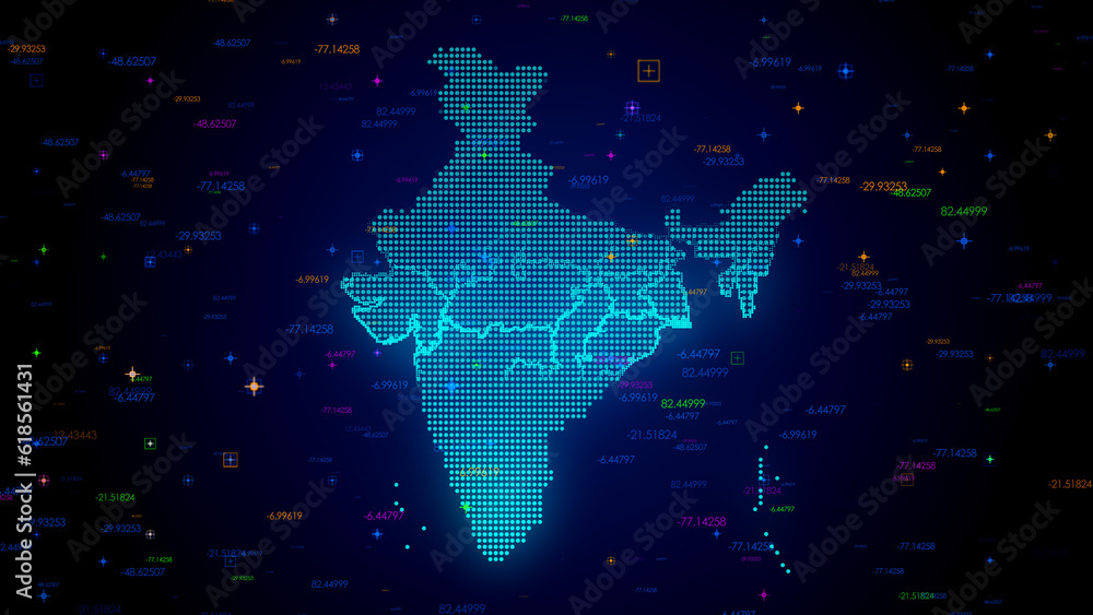 Poster futuristic blue colorful shiny digital technology hud dots mosaic grid india map light scanning with