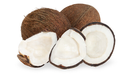 Set of whole coconuts and pieces of coconut on a white background.