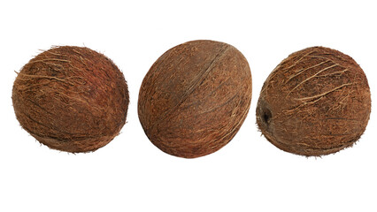 A set of whole coconuts on a white background.