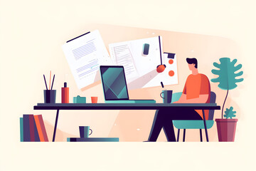 Flat vector illustration lekarz siedz cy przy biurku obok laptopa - obrazy, fototapety, plakaty