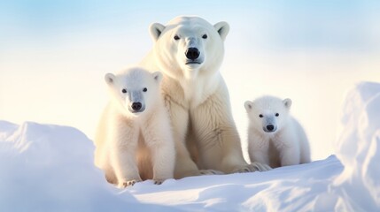 Naklejka na ściany i meble Polar bear family in the snow. Generative AI