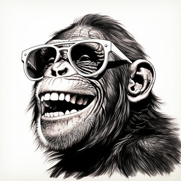 chimp portrait illustration wearing sunglasses and smiling isolated on a white background