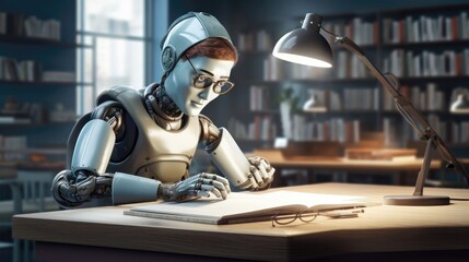 The Ai robot sitting at a table and studying in the classroom. Generative AI