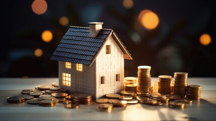 Toy house with solar panels and stack of coins. Generative AI