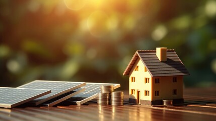 Toy house with solar panels and stack of coins. Generative AI - obrazy, fototapety, plakaty