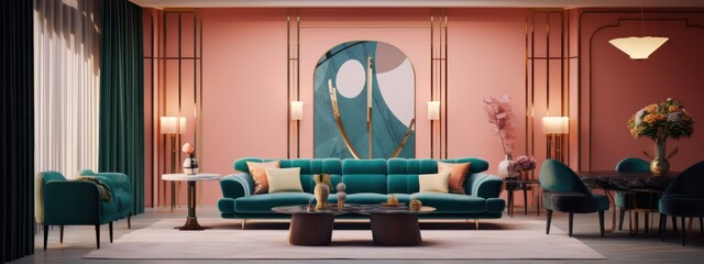 Panorama of art deco style living room and dining area with sofa,armchair.3d rendering