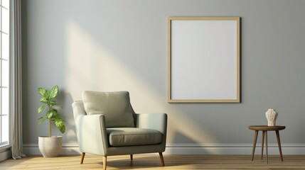 Blank picture frame mockup interior with armchair.3d rendering