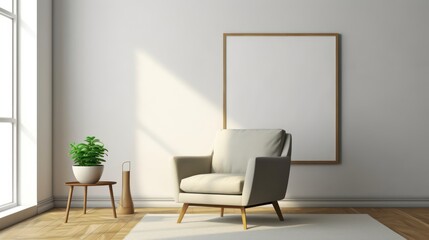 Blank picture frame mockup interior with armchair.3d rendering