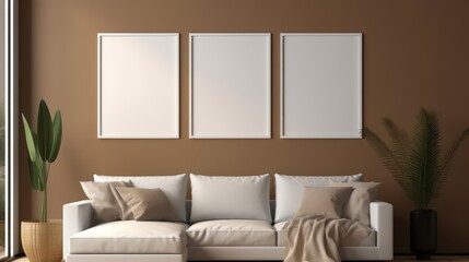 Blank picture frame mock up in modern living room with sofa pillows and brown wall background.3d rendering