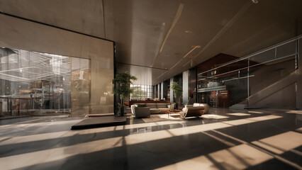 Eine Luxus Hotel Lobby mit Möbeln und einem großen Fenster Eingangsbereich, Generative AI