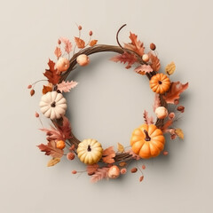 A wreath made of autumn elements such as pumpkins, leaves, acorns, and branches. Generative AI