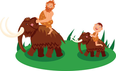 Stone Age family. Vector prehistoric man and child, caveman and cave son on white background
Characters of primitive people. Prehistoric stone age caveman cartoon. Caveman and his child on mammoths.