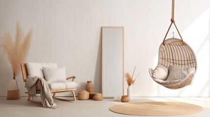 Boho style interior with hanging chair,table,blank canvas and white wall background.3d rendering