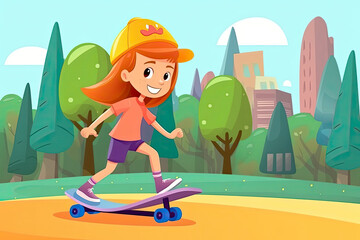 cartoon of little girl in safety helmets skating skateboard in the park.AI generated