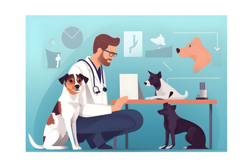 Flat vector illustration jack russell terrier and veterinarians behin