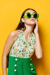 happy woman young style stylish emotion yellow beautiful green fashion sunglasses