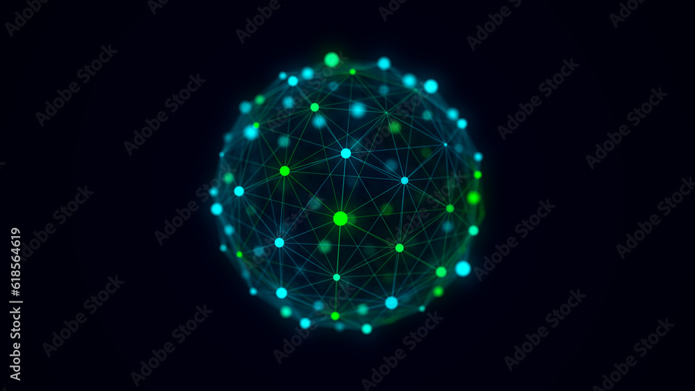 Poster Abstract blue sphere with connecting dots and lines. Wireframe technology sphere. Big data visualization. 3d rendering.
