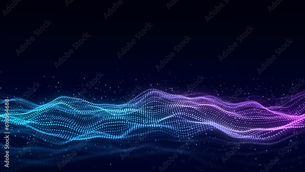 Aufkleber Music wave of particles. Big data visualization. Abstract pink background with a dynamic wave. 3d rendering.