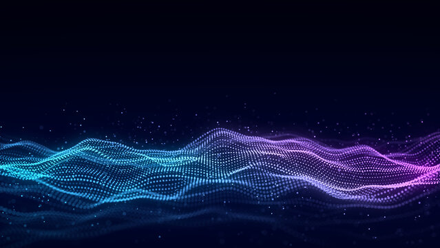 Music wave of particles. Big data visualization. Abstract pink background with a dynamic wave. 3d rendering.