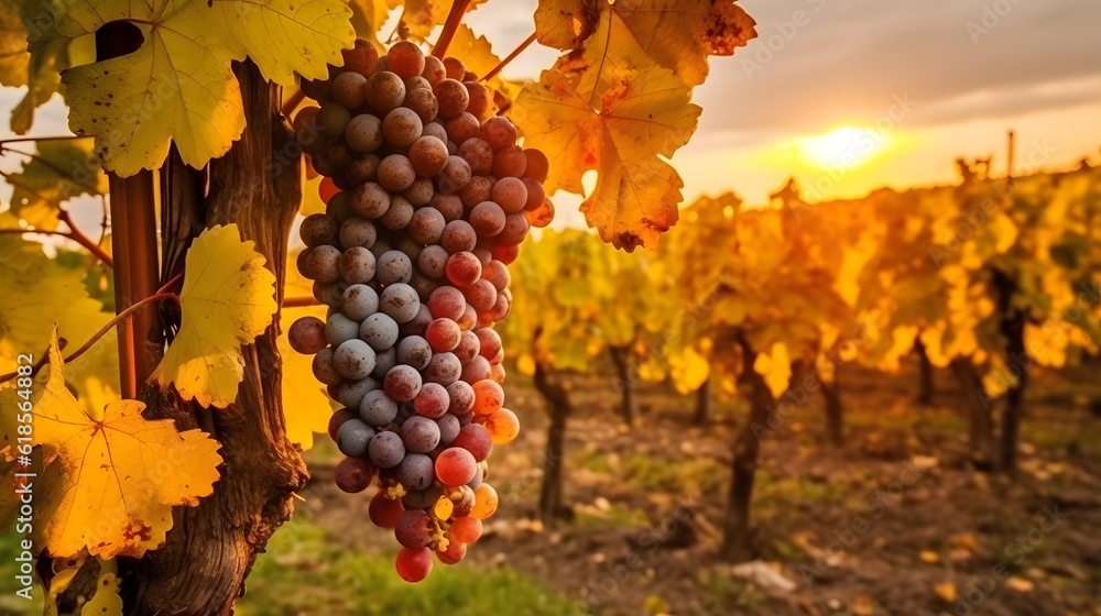 Wall mural Ripe grapes in vineyard at sunset, Tuscany, Italy.	