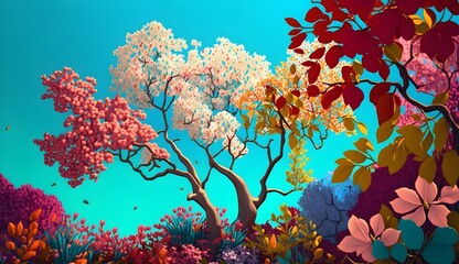 a very colorfull spring illustration botanic flowers blossom outside 4k 