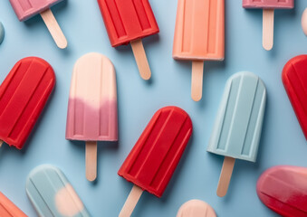 .Several popsicles on sticks scattered on a pastel blue background. Generative AI