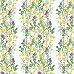 Trendy seamless botanical print. Floral seamless ornament of grass meadows. Botanical  Aerial flora pattern with meadow herbs and medium-sized flowers, thin stems, graceful fragile, Vector