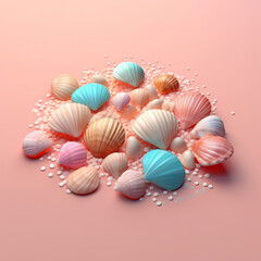 Fototapeta na wymiar Several colorful seashells on a pink background. Generative AI