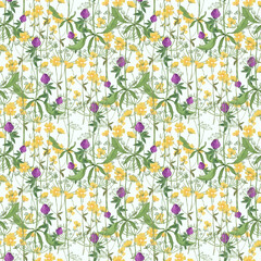 Trendy seamless botanical print. Floral seamless ornament of grass meadows. Botanical  Aerial flora pattern with meadow herbs and medium-sized flowers, thin stems, graceful fragile, Vector