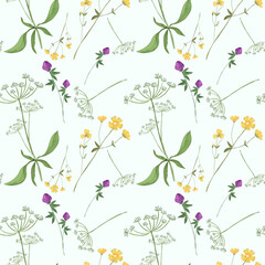 Trendy seamless floral textile print. Aerial flora pattern. Botanical print with meadow herbs and medium-sized flowers, thin stems, graceful fragile, loose pattern.Natural colors. Vector, hand drawing