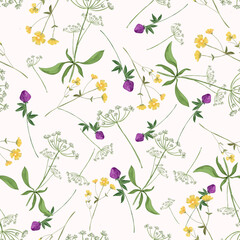 Trendy seamless floral textile print. Aerial flora pattern. Botanical print with meadow herbs and small-sized flowers, thin stems, graceful fragile, loose pattern.
Pattern for linen bed. Vector