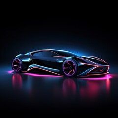 Modern car stands at night in neon lights, side view. Sports car, futuristic autonomous vehicle. HUD car
