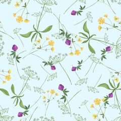 Trendy seamless floral textile print. Aerial flora pattern. Botanical print with meadow herbs and small-sized flowers, thin stems, graceful fragile, loose pattern.
Pattern for linen bed. Vector