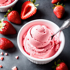 Strawberry ice cream in a bowl, with fresh fruit