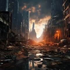Fototapeta premium destroyed skyscrapers, tall post-apocalyptic buildings, house buildings
