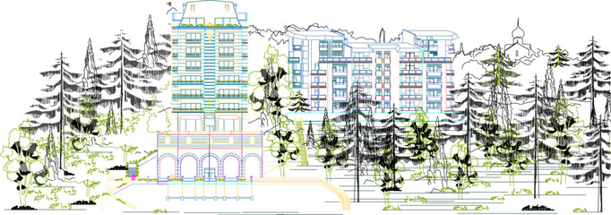 Fototapeta premium Sketch vector illustration architectural design layout resort complex in the middle of the forest