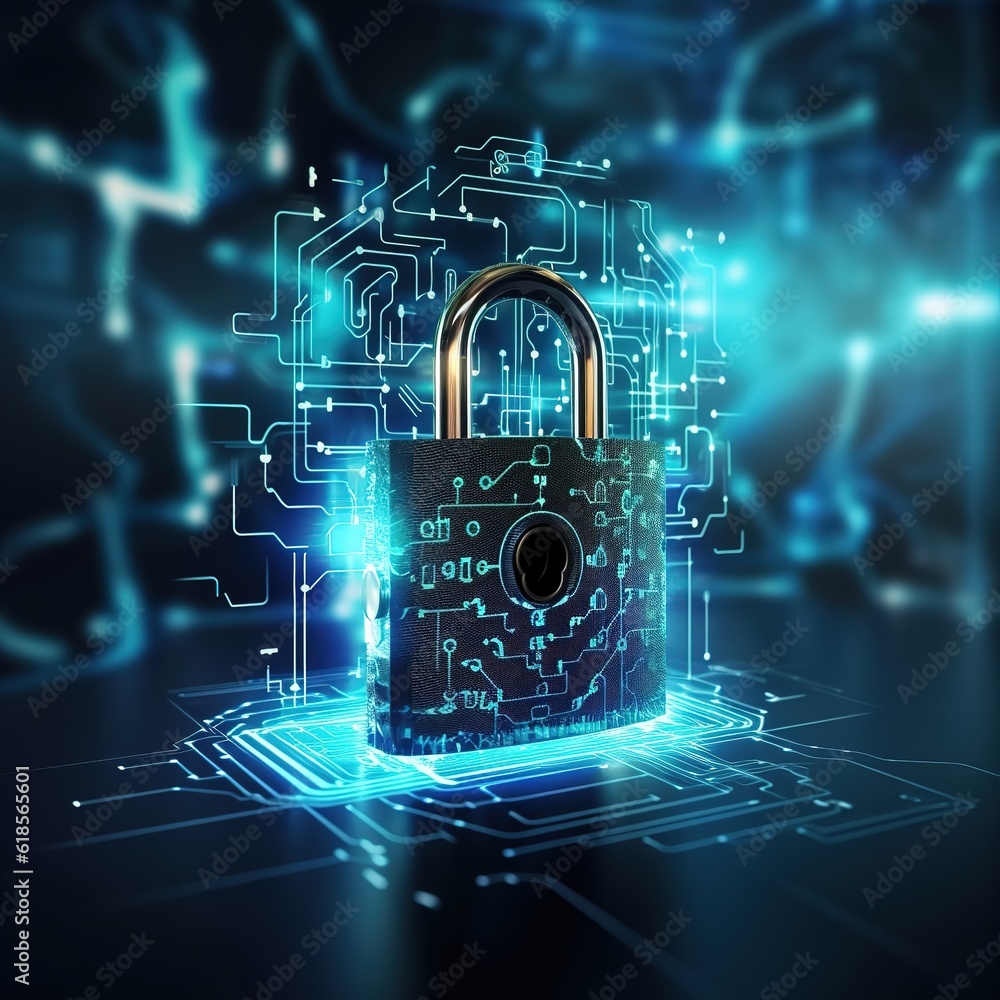 Poster digital padlock icon, network cyber security technology and data protection technology on a virtual 