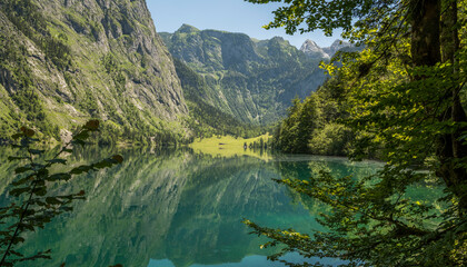 Beautiful view of the Obersee in Germany, Summer view between the pine trees on the beautiful lake.