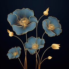 Luxury gold poppy flower line art background vector. Exotic nature design for cover, wall art