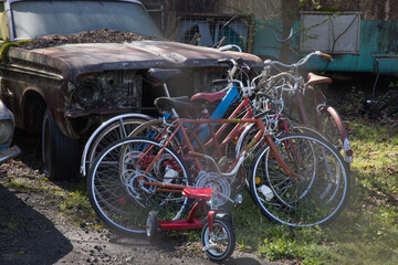 Fototapeta na wymiar Abandoned, broken bicycles