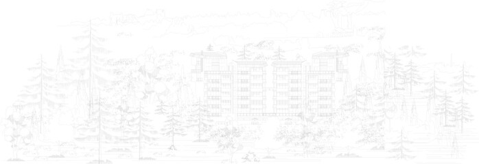 Sketch vector illustration architectural design layout resort complex in the middle of the forest 