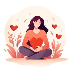 Woman with hand on kind heart, feeling self love, positive emotion. Charity and volunteering activity concept. A happy woman hugs her knees. Illustration of International Women's Day