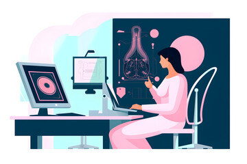 Flat vector illustration in the hospital the patient undergoes a screening procedure for a mammogram which is performed by a mammogram a modern technologically advanced clinic with professional doctor