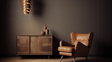 Dark brown room mockup with armchair lamp and drawer cabinet.3d rendering