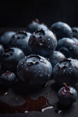 food photography close-up of blueberries on a table, generative ai